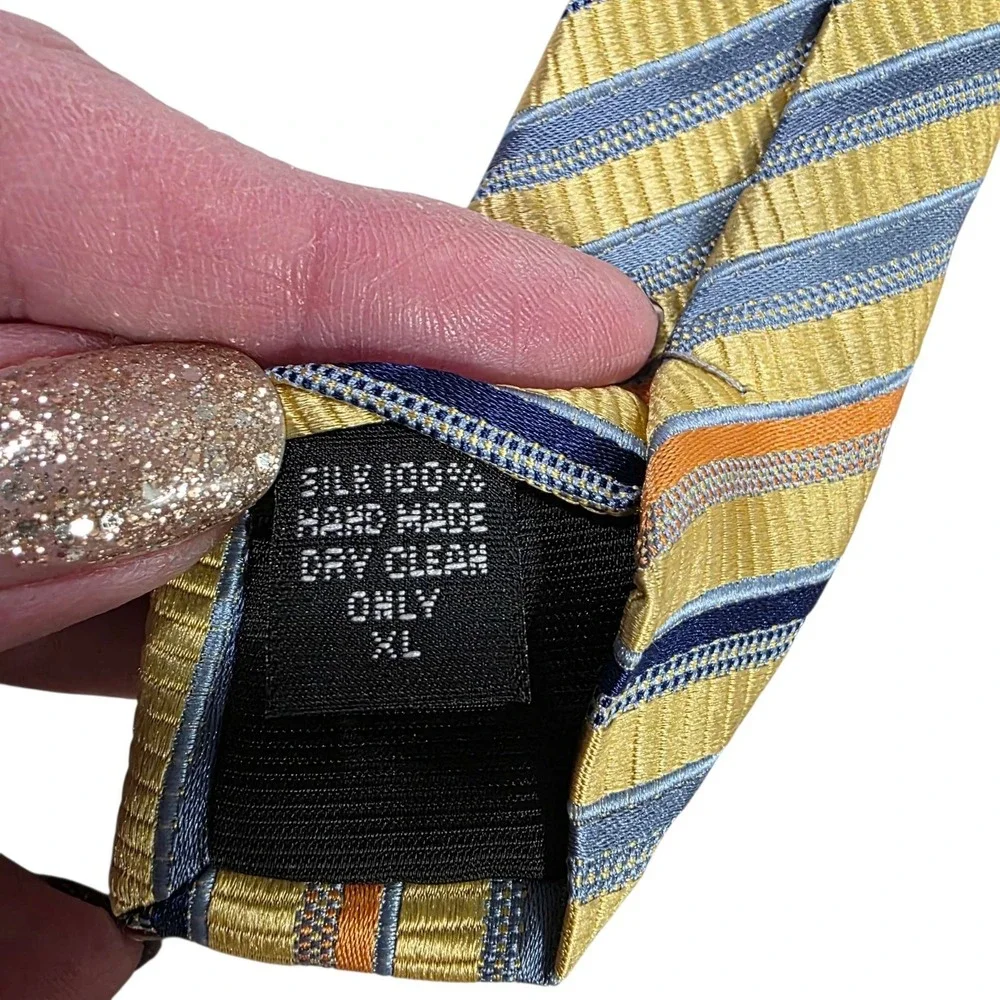 SCOTTY Z Palm Beach Silk Mens Yellow Blue Striped Necktie XL Hand Made Luxury‎